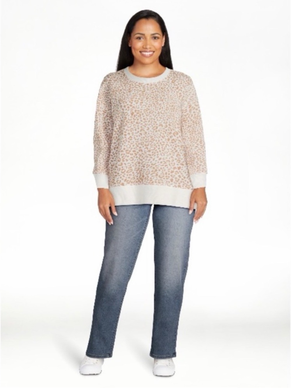 Time & Tru XL Cream Tan Leopard Pullover Sweatshirt
